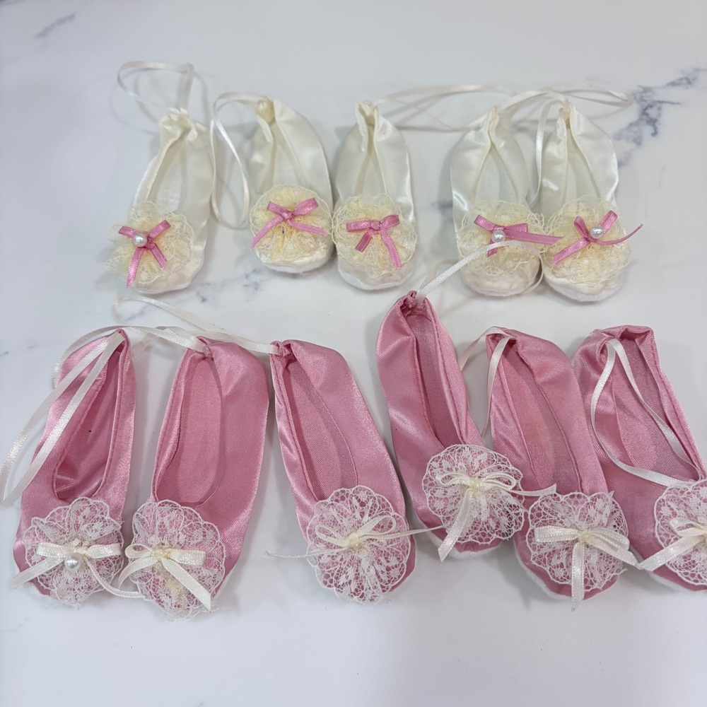 Vintage Satin Ballet Slipper Ornaments Pink Ivory Lace Pearl Set of 11